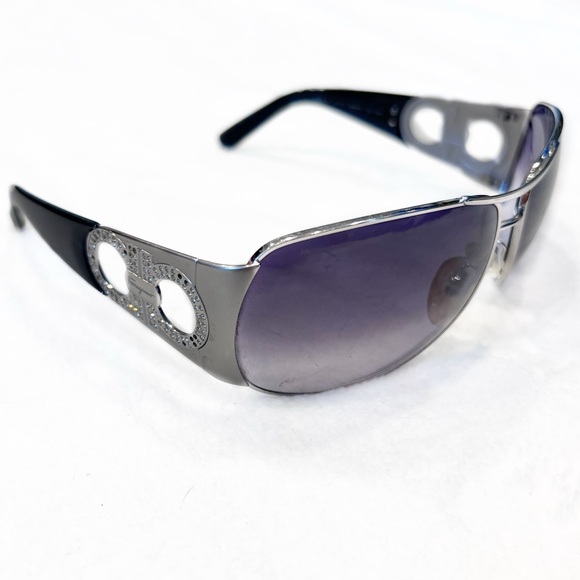 Y2K Salvatore FERRAGAMO Silver SUNGLASSES Aviator Rhinestone 2000s Vintage